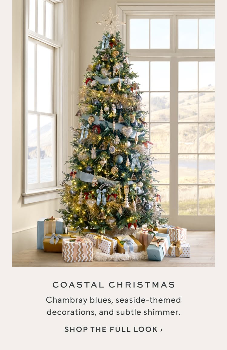 Coastal Christmas: chambray blues, seaside-themed decorations, and subtle shimmer. Shop the full look.